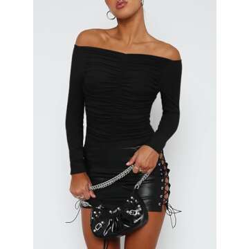 Darong Women Sexy Off Shoulder Long Sleeve Slim Fit Bodysuit Tops Ruched T Shirts 9040 Black S