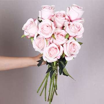 Hawesome Artificial Flowers 10 PCS Silk Roses with Long Stems Faux Realistic Roses for Wedding Bouquets Table Centerpieces Party Home Decor(Lpink)
