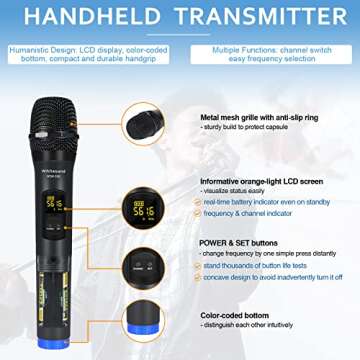 whitesand UHF Wireless Microphone System, Dual Wireless Mic Set w/ 2 Handhelds, 2x30 Frequencies, Dynamic Microphones for Singing, Home Karaoke, DJ, Church, Wedding (WSM-300)