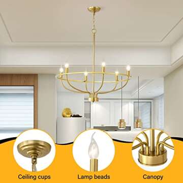 ZBMYRBZJ Gold Chandelier 6-Light,Industrial Iron Candle Chandelier Modern Suspended Farmhouse Chandeliers Pendant Light Fixtures for Dining Room Bedroom Living Room Kitchen Island Foyer E12 Bulb
