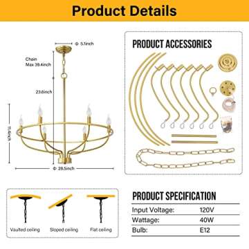 ZBMYRBZJ Gold Chandelier 6-Light,Industrial Iron Candle Chandelier Modern Suspended Farmhouse Chandeliers Pendant Light Fixtures for Dining Room Bedroom Living Room Kitchen Island Foyer E12 Bulb