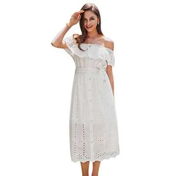 BerryGo Women's Boho White Beach Dress Embroidery Off Shoulder Ruffle Dress