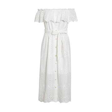 BerryGo Women's Boho White Beach Dress Embroidery Off Shoulder Ruffle Dress