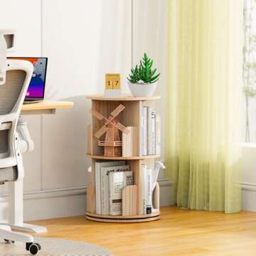 Kinembold Small Rotating Bookshelf - Stylish 2 Tier 360 Display with Ample Storage Space