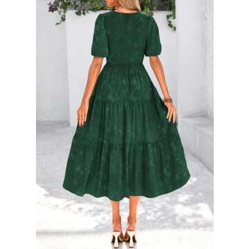 KIRUNDO Womens Summer Dresses Wedding Guest Floral Midi Sundress Short Puff Sleeve Flowy A Line Smocked Tiered Boho Dress(Dark Green, X-Large)