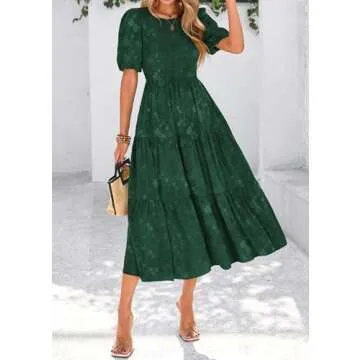 KIRUNDO Womens Summer Dresses Wedding Guest Floral Midi Sundress Short Puff Sleeve Flowy A Line Smocked Tiered Boho Dress(Dark Green, X-Large)