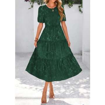 KIRUNDO Womens Summer Dresses Wedding Guest Floral Midi Sundress Short Puff Sleeve Flowy A Line Smocked Tiered Boho Dress(Dark Green, X-Large)