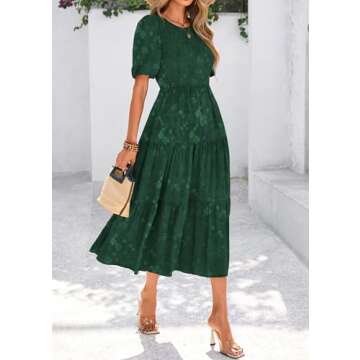 KIRUNDO Womens Summer Dresses Wedding Guest Floral Midi Sundress Short Puff Sleeve Flowy A Line Smocked Tiered Boho Dress(Dark Green, X-Large)
