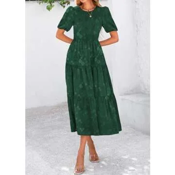 KIRUNDO Womens Summer Dresses Wedding Guest Floral Midi Sundress Short Puff Sleeve Flowy A Line Smocked Tiered Boho Dress(Dark Green, X-Large)