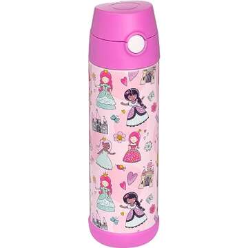 Snug Kids Water Bottle - insulated stainless steel thermos with straw (Girls/Boys) - Princess, 17oz