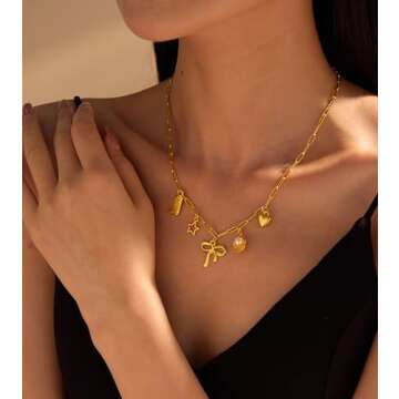 Choistily Charm Necklace Dainty Gold Beach Jewelry for Women Trendy Summer Outfits Women Gold Bow Se...