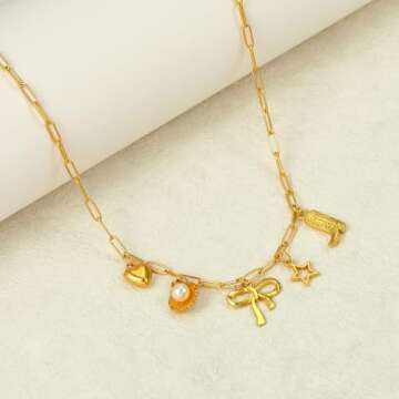 Choistily Charm Necklace Dainty Gold Beach Jewelry for Women Trendy Summer Outfits Women Gold Bow Sea Shell Pendant Necklace Preppy Stuff Summer Jewelry for Women