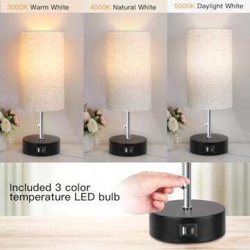 ROTTOGOON 3-Color Temperature Bedside Lamp Nightstand Lamp with USB A Port and C Port, Table Lamp for Bedroom with LED Bulb Small Lamps for Living Room (Otmeal)