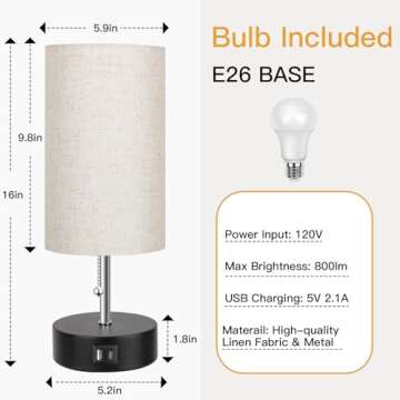 ROTTOGOON 3-Color Temperature Bedside Lamp Nightstand Lamp with USB A Port and C Port, Table Lamp for Bedroom with LED Bulb Small Lamps for Living Room (Otmeal)