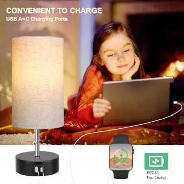 ROTTOGOON 3-Color Temperature Bedside Lamp Nightstand Lamp with USB A Port and C Port, Table Lamp for Bedroom with LED Bulb Small Lamps for Living Room (Otmeal)