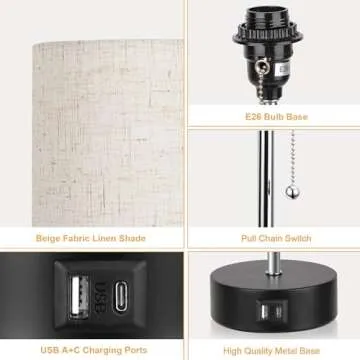 ROTTOGOON 3-Color Temperature Bedside Lamp Nightstand Lamp with USB A Port and C Port, Table Lamp for Bedroom with LED Bulb Small Lamps for Living Room (Otmeal)