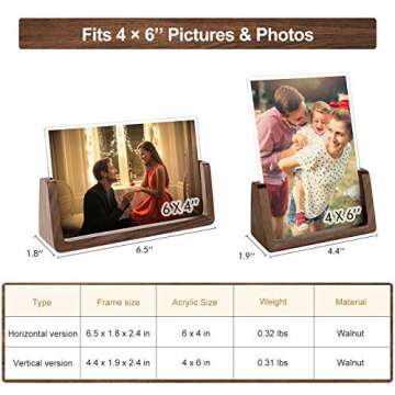 Mixoo 4x6 Wood Photo Picture Frame 2 Pack - Rustic Wooden Picture Frame with Walnut Wood Base and High Definition Break Free Acrylic Covers for Tabletop or Desktop Display (Horizontal + Vertical)
