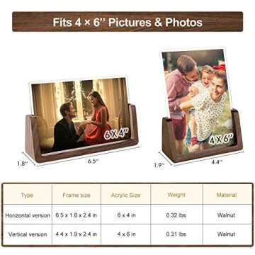 Mixoo 4x6 Wood Photo Picture Frame 2 Pack - Rustic Wooden Picture Frame with Walnut Wood Base and High Definition Break Free Acrylic Covers for Tabletop or Desktop Display (Horizontal + Vertical)