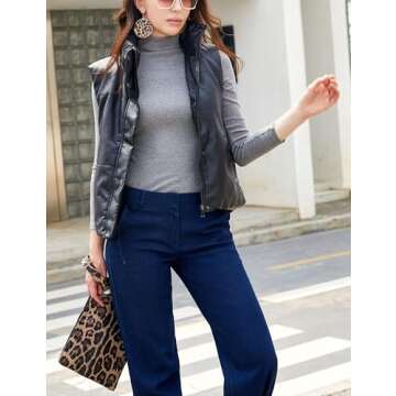 Yidarer Women's PU Leather Puffer Vest Stand Collar Padded Vest Sleeveless Quilted Lightweight Jacket (Black, Large)