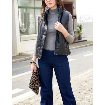 Yidarer Women's PU Leather Puffer Vest Stand Collar Padded Vest Sleeveless Quilted Lightweight Jacket (Black, Large)