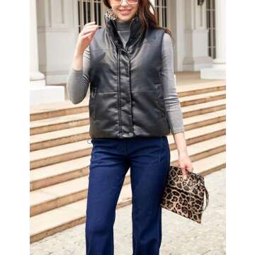 Yidarer Women's PU Leather Puffer Vest Stand Collar Padded Vest Sleeveless Quilted Lightweight Jacket (Black, Large)