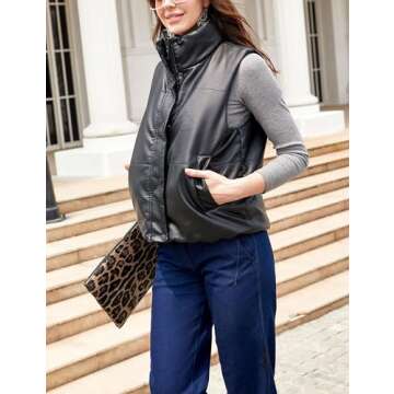 Yidarer Women's PU Leather Puffer Vest Stand Collar Padded Vest Sleeveless Quilted Lightweight Jacket (Black, Large)