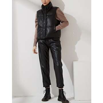 Yidarer Women's PU Leather Puffer Vest Stand Collar Padded Vest Sleeveless Quilted Lightweight Jacket (Black, Large)