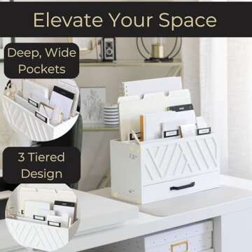 BLU MONACO Mail Organizer for Home - Bill Organizer for Desk - White Wooden Kitchen Mail Organizer Countertop Mail Organizer with Drawer - Mail Holder Countertop Mail Sorter - Mail Organizer for Desk