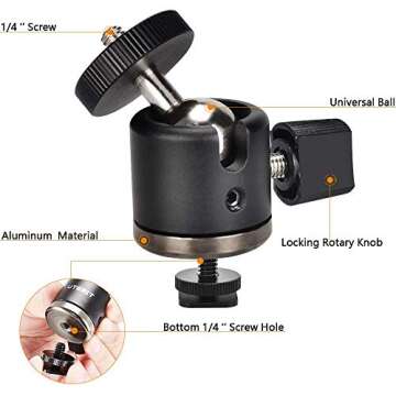 UTEBIT Mini Ball Head, Tripod Head with 1/4" hot Shoe, 360° Rotatable Ball Heads Camera Mount Adapter, Aluminium 20mm Ballhead Compatible with Tripods, Monopods, HTC Vive, SLR Cameras Loading 6.6lb