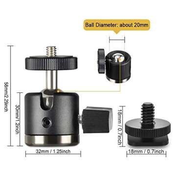 UTEBIT Mini Ball Head, Tripod Head with 1/4" hot Shoe, 360° Rotatable Ball Heads Camera Mount Adapter, Aluminium 20mm Ballhead Compatible with Tripods, Monopods, HTC Vive, SLR Cameras Loading 6.6lb