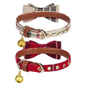 PUPTECK Puppy Collar with Bell - 2 Pack Plaid Small Dog Collar Charm Adjustable Bowtie Soft Leather Cat Collar for Kitten and Puppy, 8-10"