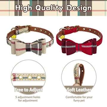 PUPTECK Puppy Collar with Bell - 2 Pack Plaid Small Dog Collar Charm Adjustable Bowtie Soft Leather Cat Collar for Kitten and Puppy, 8-10"