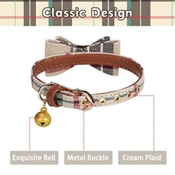 PUPTECK Puppy Collar with Bell - 2 Pack Plaid Small Dog Collar Charm Adjustable Bowtie Soft Leather Cat Collar for Kitten and Puppy, 8-10"