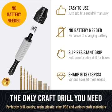 CRAFT911 Pin Vise Hand Drill Manual - Jewelry Drill w/Micro Drill Bits (0.8mm-2.5mm) - Rotary Craft Drill for Jewelry Making, Resin, Wood, Plastic, Miniature, Beads, Clay Etc