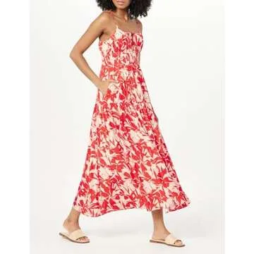 The Drop Women's Tavia Tie-Front Tiered Maxi Dress, Tomato Red Foliage Print, XXL, Plus Size
