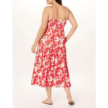 The Drop Women's Tavia Tie-Front Tiered Maxi Dress, Tomato Red Foliage Print, XXL, Plus Size
