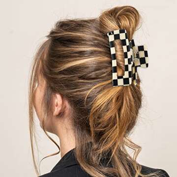 Whaline Checkered Vintage Styling Large 4 Inch Retro Rectangular Cute Non-slip Strong Hold Banana Clips for Long Hair for Women & Girls - 3Pcs