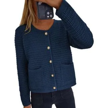 PRETTYGARDEN Women's Knit Cardigan Sweaters Fall Fashion Long Sleeve Open Front Button Down Trendy Casual Sweater Jacket (Navy,Small)