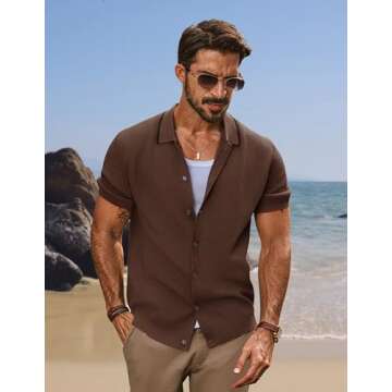 Men's Knit Short Sleeve Button Down Shirt Vintage Striped Polo Shirts Textured Shirt Coffee