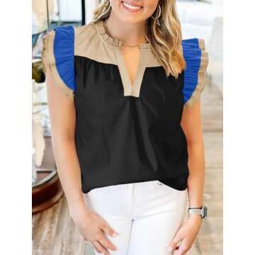 Tankaneo Womens Ruffle Color Block Tank Tops Summer Casual Dressy V Neck Pleated Blouse Loose Fit Sleeveless Shirts Black