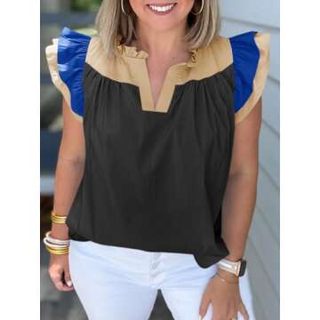 Tankaneo Womens Ruffle Color Block Tank Tops Summer Casual Dressy V Neck Pleated Blouse Loose Fit Sleeveless Shirts Black