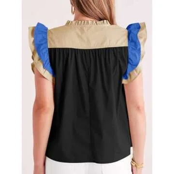 Tankaneo Womens Ruffle Color Block Tank Tops Summer Casual Dressy V Neck Pleated Blouse Loose Fit Sleeveless Shirts Black
