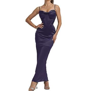 Sexyshine Women's Spaghetti Strap Cowl Neck Satin Corset Dress Bodycon Backless Formal Evening Party Maxi Dress(24054DP,S) Purple