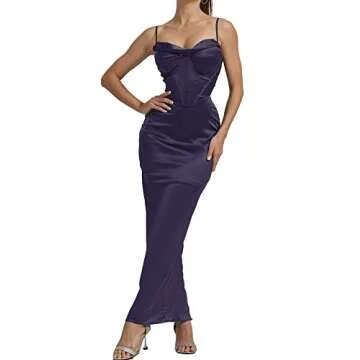 Sexyshine Women's Spaghetti Strap Cowl Neck Satin Corset Dress Bodycon Backless Formal Evening Party Maxi Dress(24054DP,S) Purple
