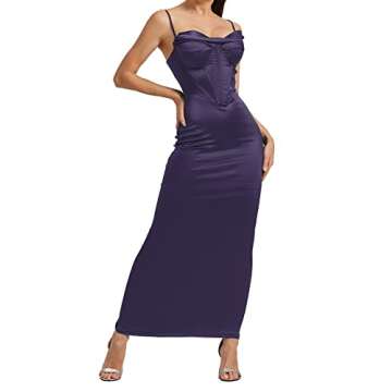 Sexyshine Women's Spaghetti Strap Cowl Neck Satin Corset Dress Bodycon Backless Formal Evening Party Maxi Dress(24054DP,S) Purple