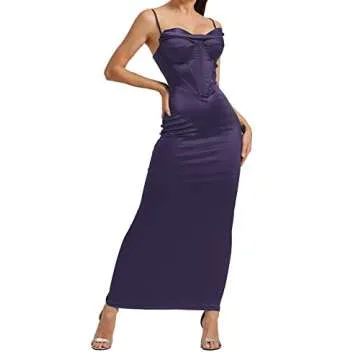Sexyshine Women's Spaghetti Strap Cowl Neck Satin Corset Dress Bodycon Backless Formal Evening Party Maxi Dress(24054DP,S) Purple