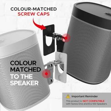 Play 1 Wall Mount, White, Pair, Compatible with Sonos Play:1 Only, Twin Pack, Adjustable Swivel & Tilt Mechanism, 2 Mounting Brackets Includes All Fixings