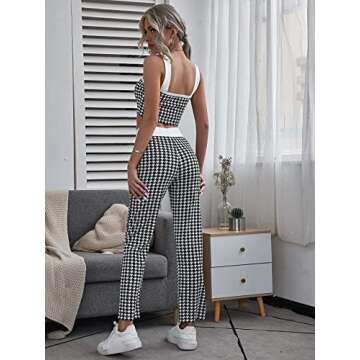 Milumia Women's Two Piece Outfit Houndstooth Plaid Crop Tank Top and Pants Set A Black and White Sma...