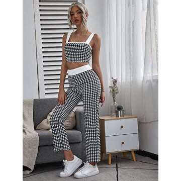Milumia Women's Two Piece Outfit Houndstooth Plaid Crop Tank Top and Pants Set A Black and White Small