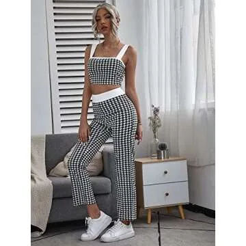 Milumia Women's Two Piece Outfit Houndstooth Plaid Crop Tank Top and Pants Set A Black and White Small